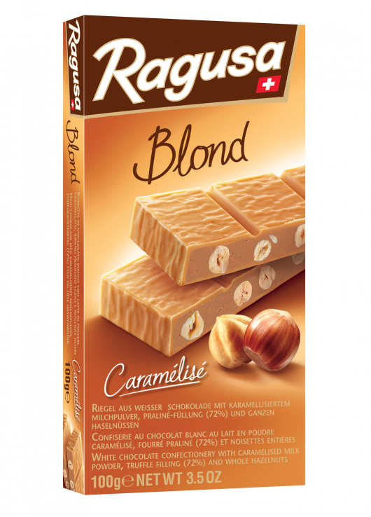 Chocolat blanc au lait en poudre caramélisé fourré praliné et noisettes entières